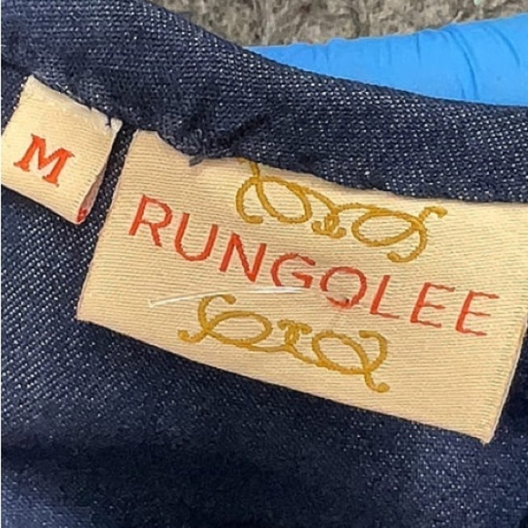 Rungolee Two Tone Navy Blue Stripe Pocket Crewneck Zip Back Blouse M - Picture 3 of 4